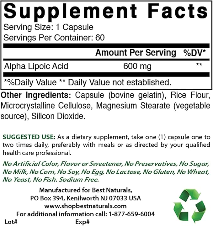 Best Naturals Alpha Lipoic Acid 600 mg & Quercetin with Bromelain