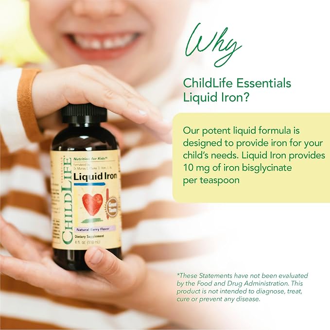 CHILDLIFE ESSENTIALS Liquid Iron for Kids - Iron Supplement Drops for Toddler & Baby, Gluten Free - Natural Berry, 4 Fl Oz