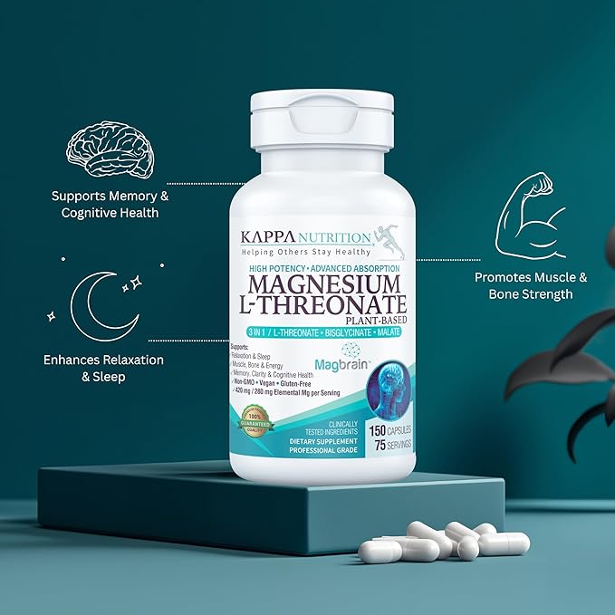Kappa Nutrition Powered by Magbrain™ Magnesium L-Threonate Plant-Based, 150 Vegan Capsules, 420mg Elemental Magnesium (3 Capsules) from 2,253mg, Brain, Sleep & Muscle Support.