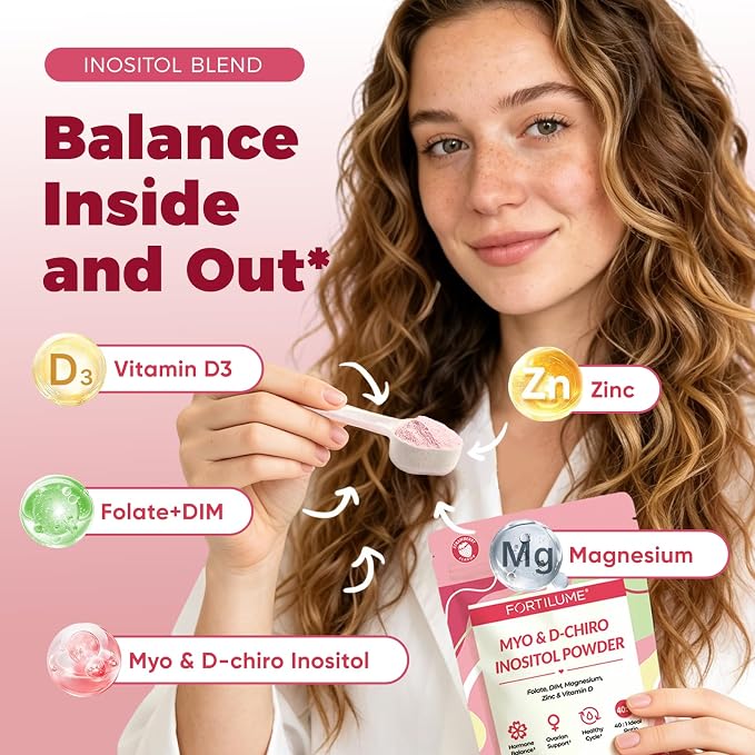 Myo & D-Chiro Inositol Powder 40:1 Ratio for Women's Hormone Balance & Ovarian Support - with Folate, DIM, Zinc, Magnesium Glycinate & Vitamin D3, 30 Servings (Strawberry)