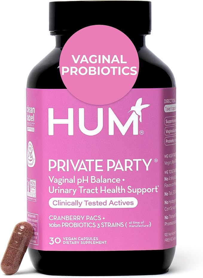 HUM Private Party Vaginal Probiotics for Women, pH Balance and Urinary Tract Support Vaginal Probiotic Supplement with Cranberry & Lactobacillus Blend, Women's Health Cranberry Pills, 30 Capsules