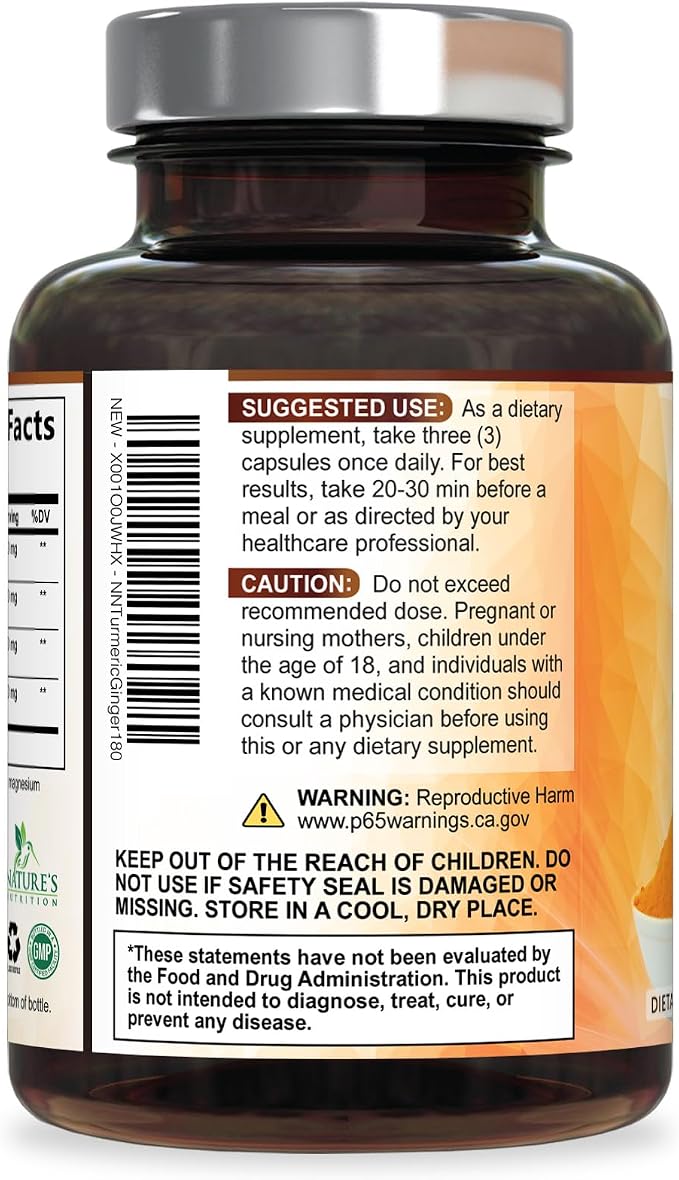 Turmeric Curcumin Supplement - 95% Curcuminoids with Organic Turmeric & Ginger, BioPerine Black Pepper Extract for Best Absorption, Natural Vegan Joint Support, Non-GMO, Bottled in USA - 180 Capsules