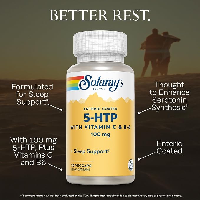 SOLARAY 5HTP 100mg with Vitamin C and Vitamin B6-5 HTP Supplement for Nerve Function - Cellular Energy - Lab Verified, 60-Day Guarantee - 30 Servings, 30 Enteric Coated VegCaps