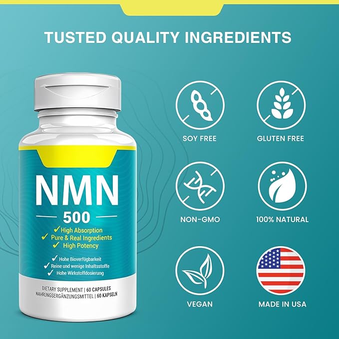 Vegan NMN Supplement 500mg, Higher Absorption - 99% Pure NMN (Nicotinamide Mononucleotide)for NAD+, Cellular Energy Immune Muscle, Anti-Aging & Longevity, Stabilized NMN - 60 Capsules (60 Days Supply)
