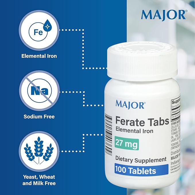 Major 27 mg Ferate Tabs - Ferrous Gluconate Elemental Iron Dietary Supplement - 100 Count (1 Pack)