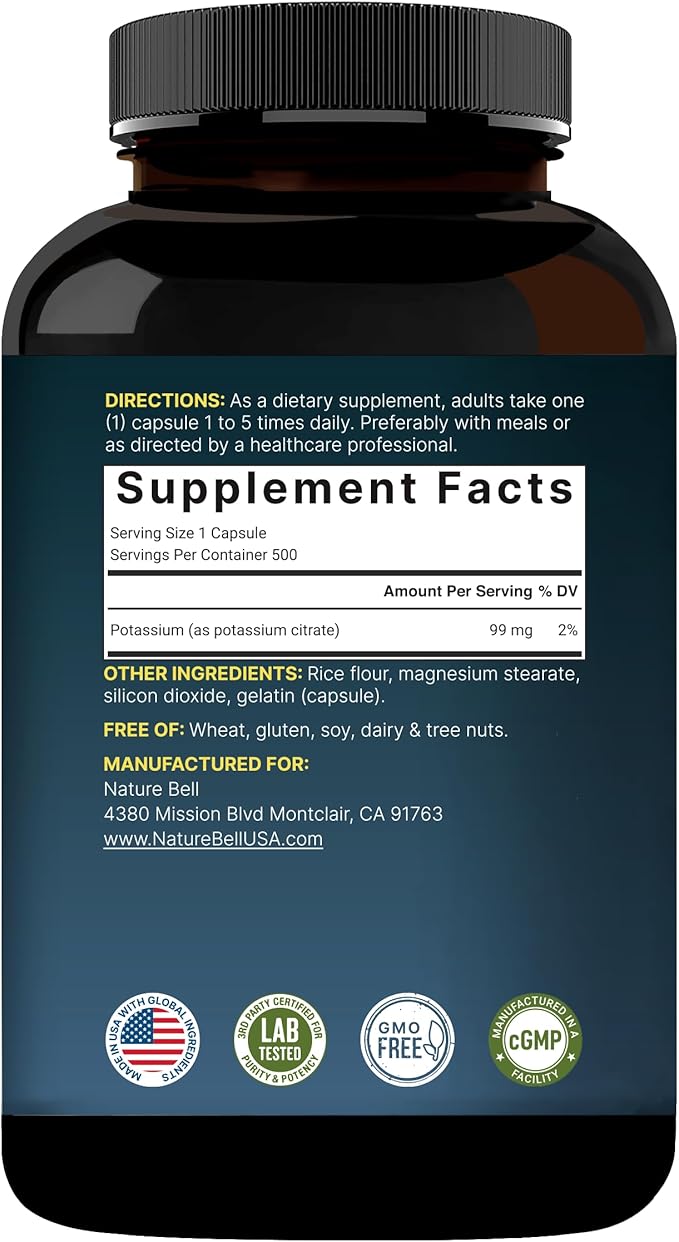 Potassium Citrate Supplement 99mg, 500 Capsules | Chelated Mineral Supplements – Essential Mineral Electrolyte – Non-GMO, Gluten Free