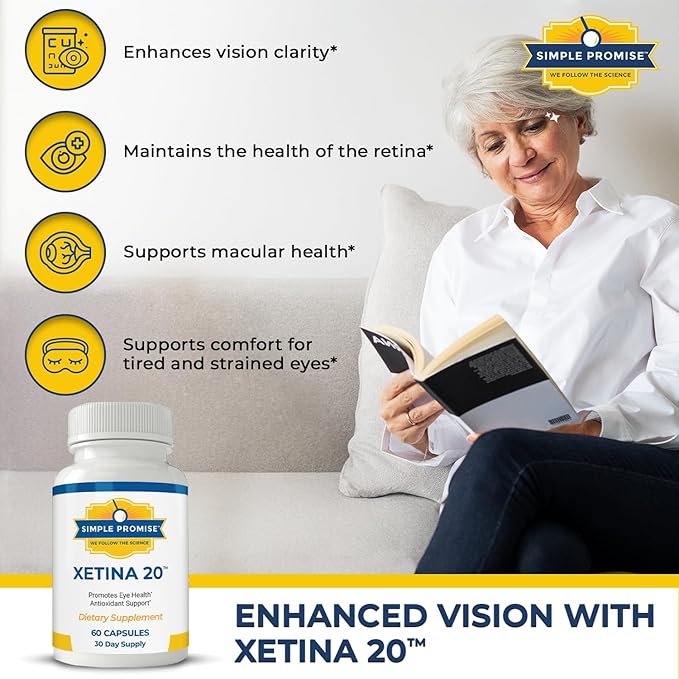 Simple Promise - Xetina 20™ Lutein and Zeaxanthin Supplements - Essential Support for Eye Health with Vitamins E, Eyebright, Zinc, Grape Seed Extract, Rutin & Bilberry - 60 Capsules