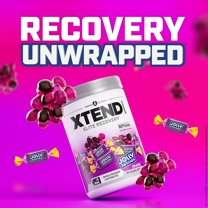 Xtend Original BCAA Powder, 7g BCAAs and 2.5g L-Glutamine for Muscle Recovery Hydration and Lean Muscle, Sugar Free Intra and Post Workout Drink with Electrolytes, Grape Jolly Rancher, 30 Servings