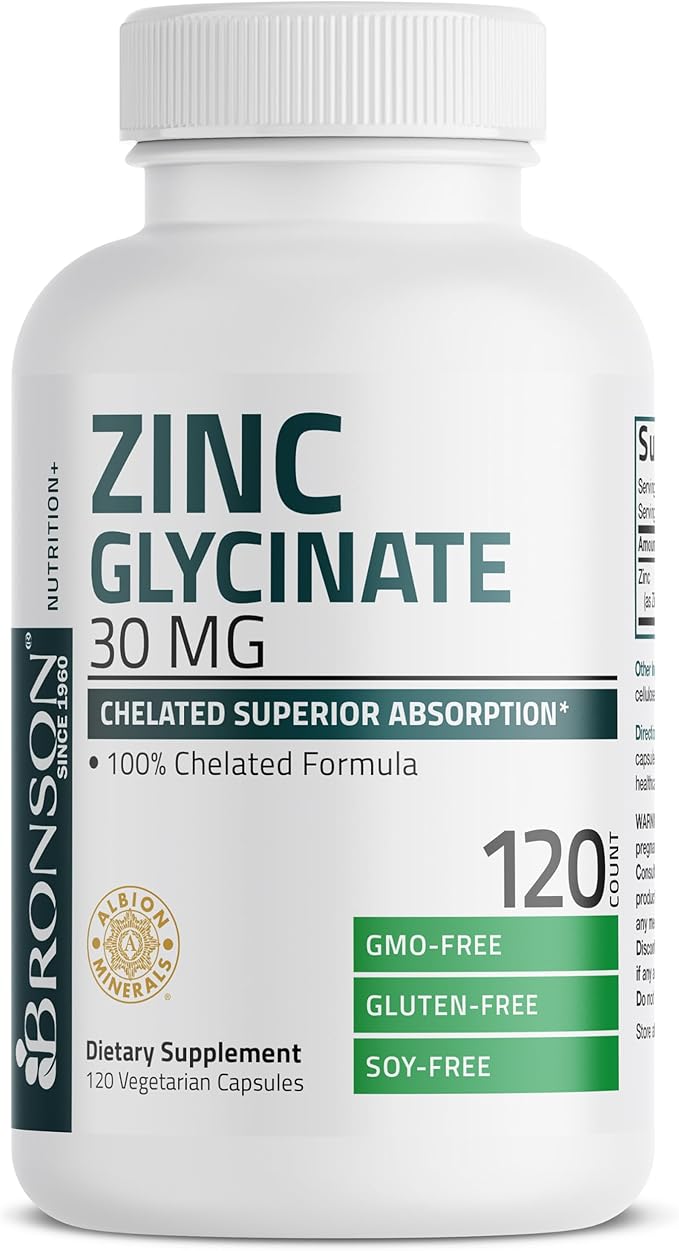 Bronson Zinc Glycinate 30mg Chelated Superior Absorption 100% Chelated Formula Non-GMO, 120 Vegetarian Capsules