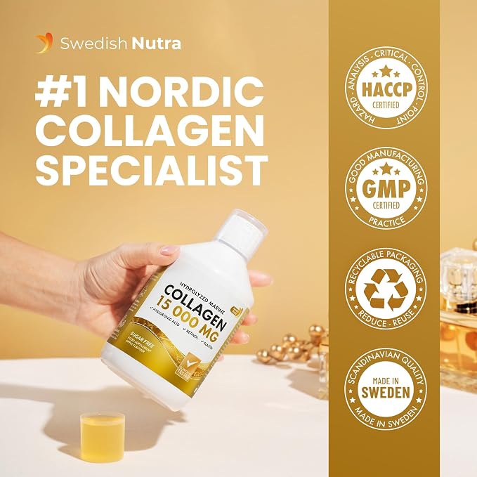 Swedish Nutra 3 x 15000 mg Liquid Marine Collagen Hydrolyzed Peptide (Type 1 & 3) | 60 Day Supply, 500 ml | Hyaluronic Acid, Biotin & Vitamins for Hair, Skin, Nails & Joints | Men & Women | Sugar Free
