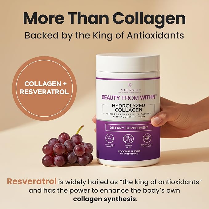 VITASEI Hydrolyzed Collagen Peptides Powder with Resveratrol & Vitamin C – Hair, Skin & Joint Support – Colágeno Hidrolizado for Women & Men – Soy-Based Formula – Coconut Flavor, 16 oz (30 Servings)