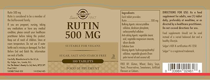 Solgar Rutin 500 mg, 100 Tablets - Antioxidant - Natural Bioflavonoid - Vegan, Gluten Free, Dairy Free, Kosher - 100 Servings
