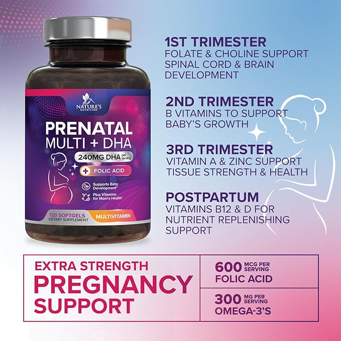 Prenatal Vitamins for Women with Folic Acid + Omega 3 DHA for Fetal Brain Development, Best Prenatal Vitamin Supplement, Daily Pregnancy Multivitamin Nutritional Support, Non-GMO - 120 Softgels