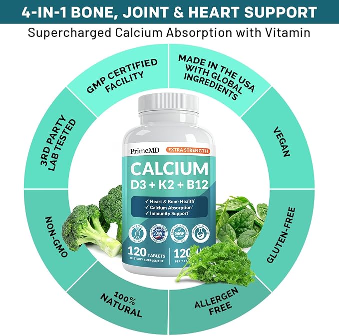 4-in-1 Calcium 1200 mg with Vitamin D3 Supplements for Women and Men - Calcium Extra Strength with Vitamin D3 K2 5000 IU Supplement,1200 mg per Serving - Vegan-Friendly - (120 Count) (Pack of 1)