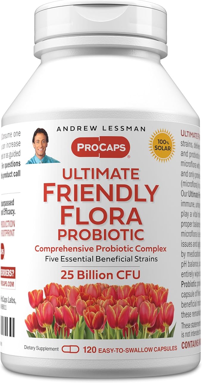ANDREW LESSMAN Ultimate Friendly Flora Probiotic 120 Capsules - 25 Billion CFU, Comprehensive Blend of Five Probiotic Strains, Powerful Immune and Digestive Support. Probiotics for Women or Men