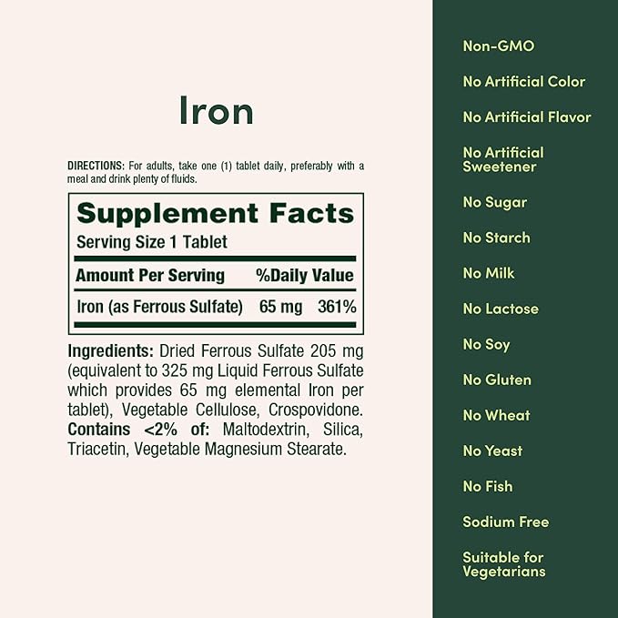 Nature’s Bounty Iron 65mg,325 mg Ferrous Sulfate,Cellular Energy Support,Promotes Normal Red Blood Cell Production,1 Serving Per Day,Gluten Free,100 Vegetarian Tablets,(Pack of 3)