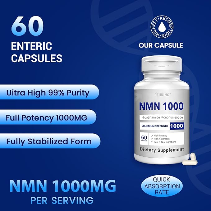 NMN 1000mg Per Serving Maximum Strength - 99% Pure NMN (Nicotinamide Mononucleotide) for NAD, Cell, Immune, Energy, Anti-Aging & Longevity, Stabilized NMN Supplements 1000mg - 240 Veggie Capsules