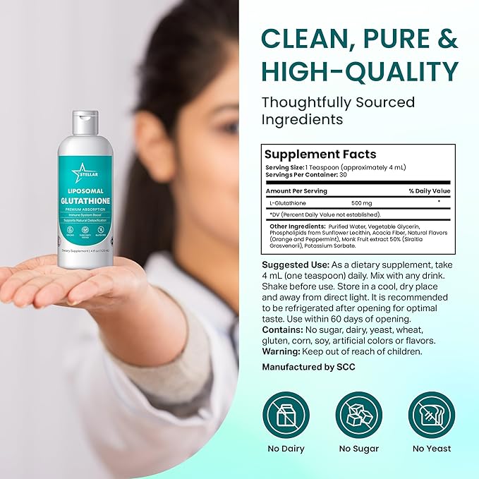 Stellar Liposomal Glutathione Liquid – Premium Absorption Antioxidant for Detox, Immune Support & Cellular Health – Non-GMO, Gluten-Free, Third-Party Tested – 4 fl oz (120 mL)