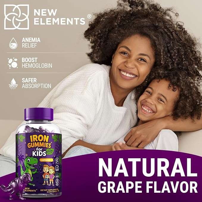 New Elements Iron Dinosaur Gummies for Kids with Vitamin C | Sugar-Free, Vegan, Gluten-Free & Non-GMO | Anemia Relief, Energy & Blood Health Support | Grape Flavor, Pectin-Based for Optimal Health