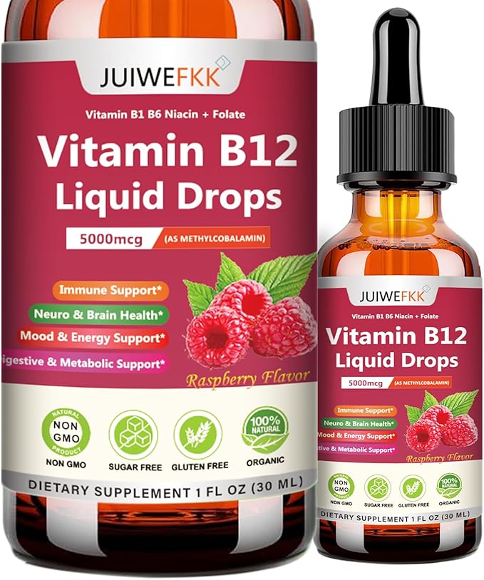 Liquid Vitamin B12 Drops 5000 mcg - Extra Strength B12 Methylcobalamin with B1 B6 B3 Folate Niacin - Fast Absorption Sublingual B-12 Drops for Energy Metabolism & Brain Function, Vegan B Complex