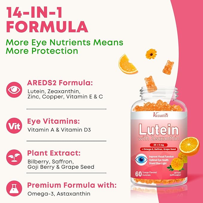 Lutein and Zeaxanthin Supplements Gummies, Advanced Eye Vitamin Supplement with Bilberry, Saffron, Grape Seed, Omega 3 for Macular Health, Dry Eye, Visual Function - Orange Flavor, 60 Count