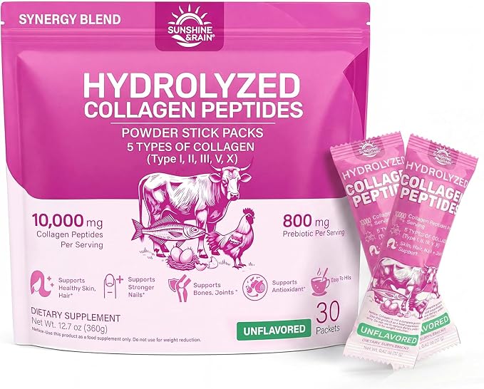 Multi Collagen Peptides Powder - 10g Hydrolyzed Collagen Peptides Type I, II, III, V & X with Biotin, Hyaluronic Acid & Prebiotics, Support Hair, Skin, Nail, Bone & Digestive Health, Non-GMO丨30 Sticks