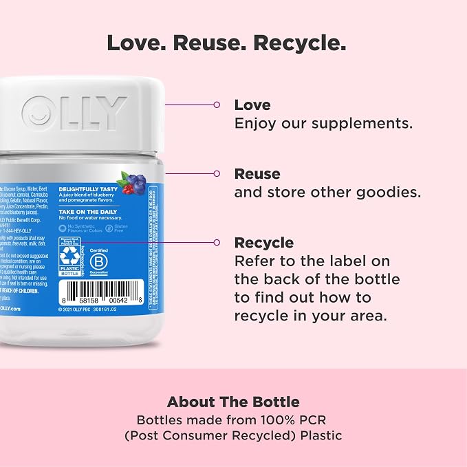 OLLY Glowing Skin Gummy, Hydrated & Youthful Skin,* Hyaluronic Acid, Collagen Peptides, Sea Buckthorn, Plump Berry Flavor, 25 Day Supply - 50 Count