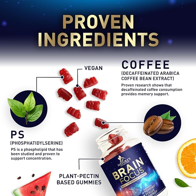 Brain Supplements for Memory and Focus with Phosphatidylserine, Nootropic Memory Supplement Gummy for Brain Health, Concentration, Mental & Cognitive Support, Focus Vitamins with B6 & B12-60 Gummies