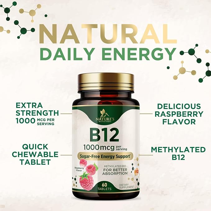 Vitamin B12 - 1000 mcg Per Serving Maximum Strength Methylcobalamin B-12 Chewable Tablet - Energy, Nervous System & Brain Support - Fast Dissolve, Gluten-Free, Non-GMO for Women & Men - 60 Tablets