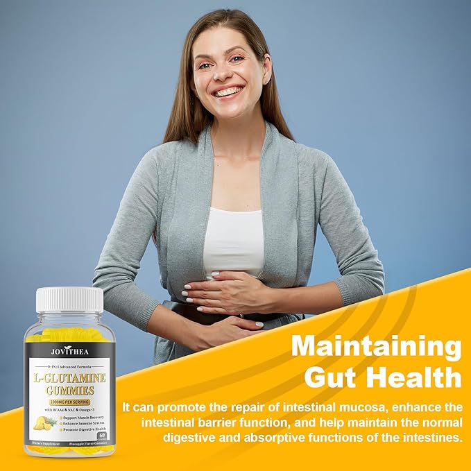L-Glutamine Gummies 1000mg, Glutamine Supplement for Women & Men, with BCAAs, Magnesium & NAC, Support Gut, Muscle Health & Immunity, Vegan, Non-GMO, Gluten Free, Keto Friendly,Pineapple Flav, 60Ct