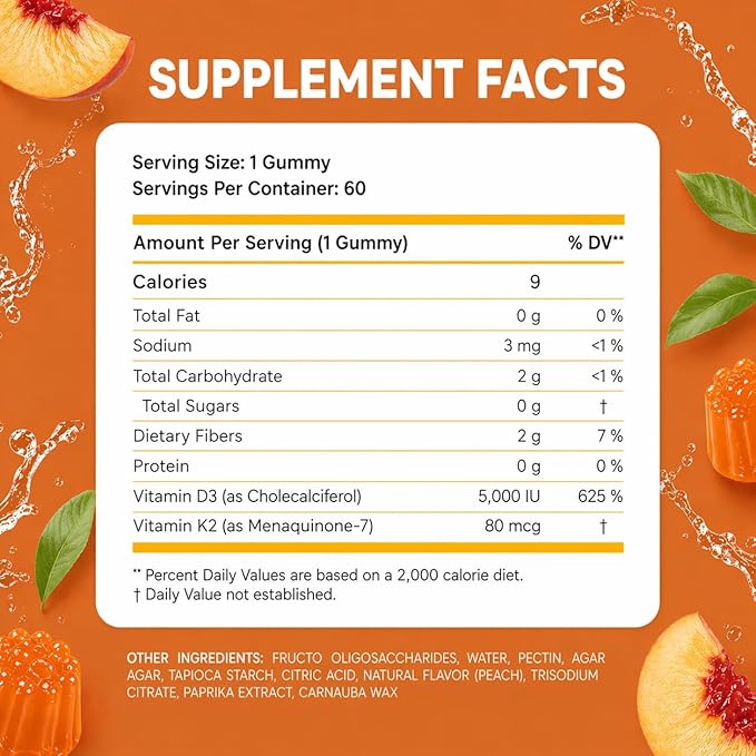 Sugar Free Vitamin D3 K2 Gummies 5000 IU + K2 MK7 80 mcg – Vitamin D Gummies for Adults with Prebiotics & Fiber – Supports Bones, Immune Health, Heart Health & Mood – Gluten Free, Natural Peach Flavor