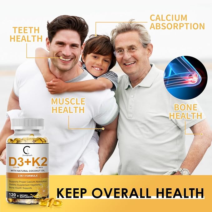 Vitamin D3 K2 Supplement with Vitamin D3 5000 IU, 200 mcg Vitamin K2 MK-7 & Natural Coconut Oil, Plant Based 2-1 Formula for Bone, Teeth, Muscle and Immune Health Support,120 Softgel Capsules