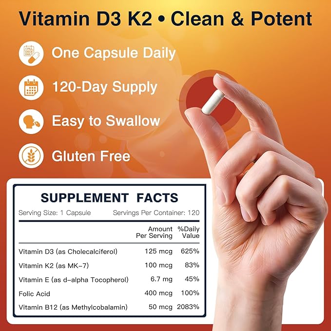DRFOSTER Vitamin D3 K2, 5000 IU Vitamin D3 Plus 100 mcg of Vitamin K Supplements for Adults for Heart & Bone Health Support, 120 Capsules