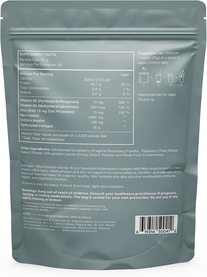 MYO INOSITOL Collagen+ Myo-Inositol & D-Chiro Inositol (40:1), Hydrolyzed Collagen, Folate, Zinc & Vitamin B6 Hormonal Balance, Fertility, Skin & Hair Support Strawberry Lemonade 750 g
