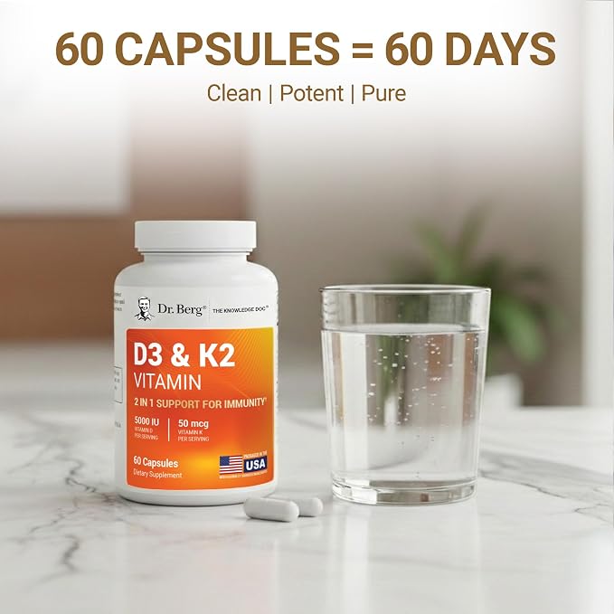 Dr. Berg Maximum Strength 2-in-1 Vitamin D3 K2 5,000 IU | Naturally Derived D3 | 4X Lab-Tested & Verified | High Absorption Formula | K2 D3 Vitamin Supplement - 60 Capsules