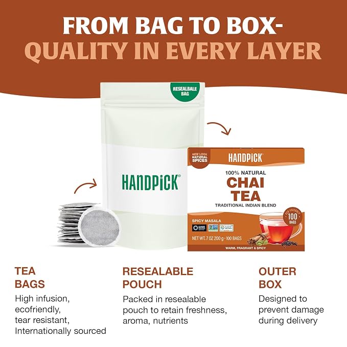 HANDPICK Masala Chai Tea Bags (100 Count) Strong Robust & Aromatic, Blended with Exotic Spices, Cinnamon, Black Pepper, Cloves & Cardamom - Premium Quality Eco-conscious Round Bags