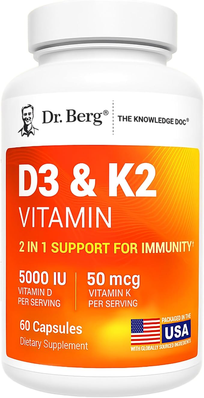Dr. Berg Maximum Strength 2-in-1 Vitamin D3 K2 5,000 IU | Naturally Derived D3 | 4X Lab-Tested & Verified | High Absorption Formula | K2 D3 Vitamin Supplement - 60 Capsules