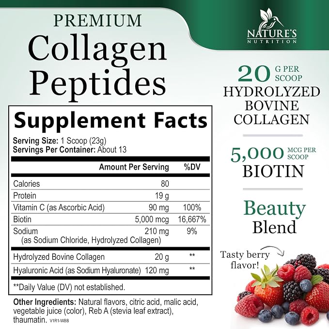 Collagen Peptides Powder 20g - Hydrolyzed Type 1 & 3 Berry Flavor Collagen Powder - Biotin, Hyaluronic Acid, Vitamin C - Hair, Skin, & Nails Support Supplement for Women & Men - Bottled in USA, 10.5oz