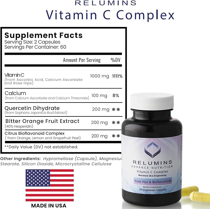 Relumins Advanced White Set - 1650mg Glutathione Complex (90 Capsules) and Advanced Vitamin C with Rose HIPS and Bioflavonoids (60 Capsules) Bundle, 1 Month Supply