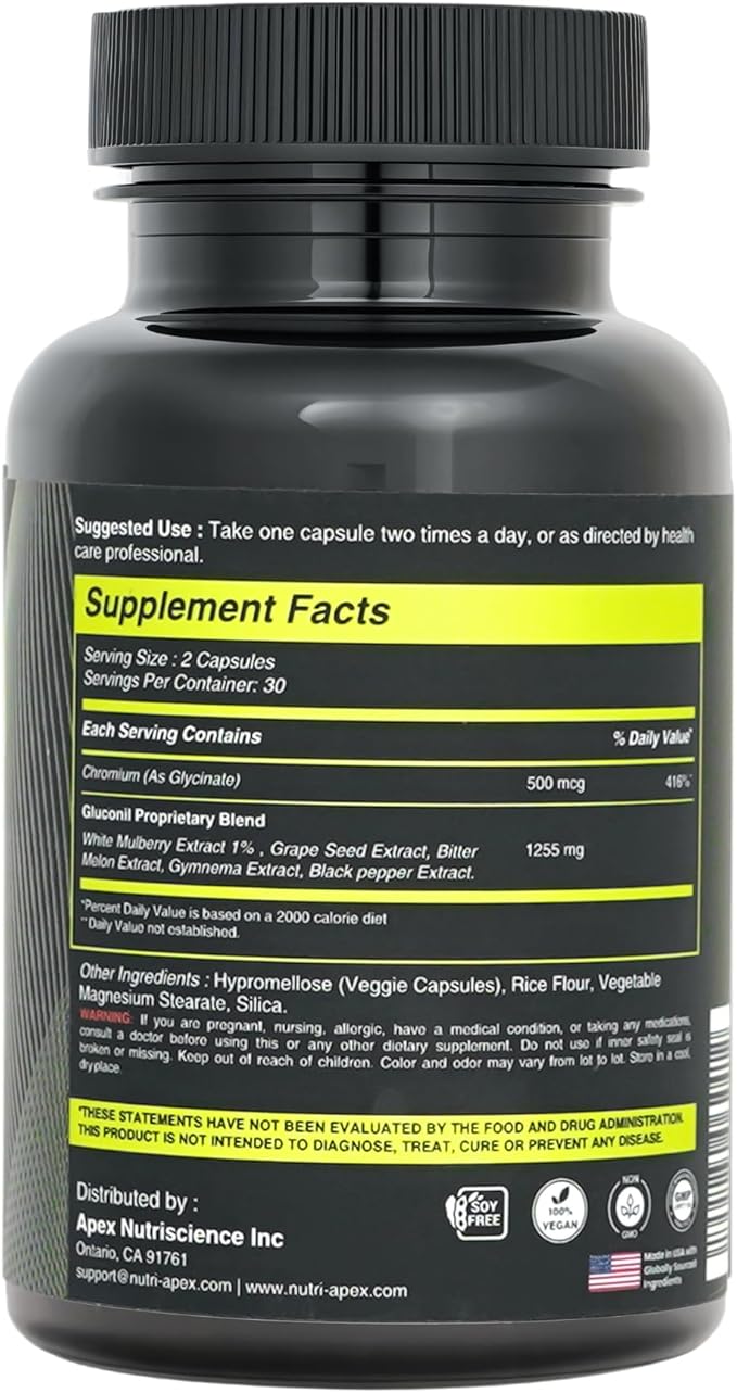Gluconil – White Mulberry, Bitter Melon, Gymnema Sylvestre, Grape Seed & Chromium Glycinate 500mcg – Herbal Wellness Supplement – 60 Vegan Capsules (30 Day Supply), Non-GMO, Made in USA