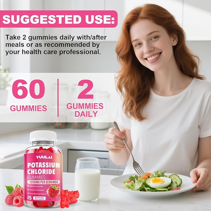 Pack of 2 Potassium Gummies, Potassium Chloride Gummies 1200mg for Adults, Sugar-Free Potassium Supplement Support Leg Cramps & Electrolyte Balance, Raspberry Flavor, 120 Count