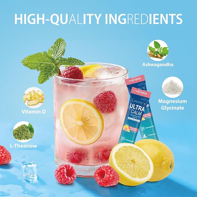 UltraCalm Cortisol Drink Mix - Raspberry Lemonade with Ashwagandha, Magnesium Glycinate & L-Theanine Supplement - Sleep and Relaxation Support (2 x 30 Travel Packets)