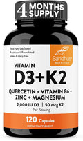 Sandhu's Vitamin D3 K2 Magnesium 2000 IU, 50mcg K2 Capsules 120 Count (Pack of 1) | with VIT B6, Zinc & Quercetin | D3K2 Supports Superior Absorption, Energy, Immune, Muscle Health for Men & Women