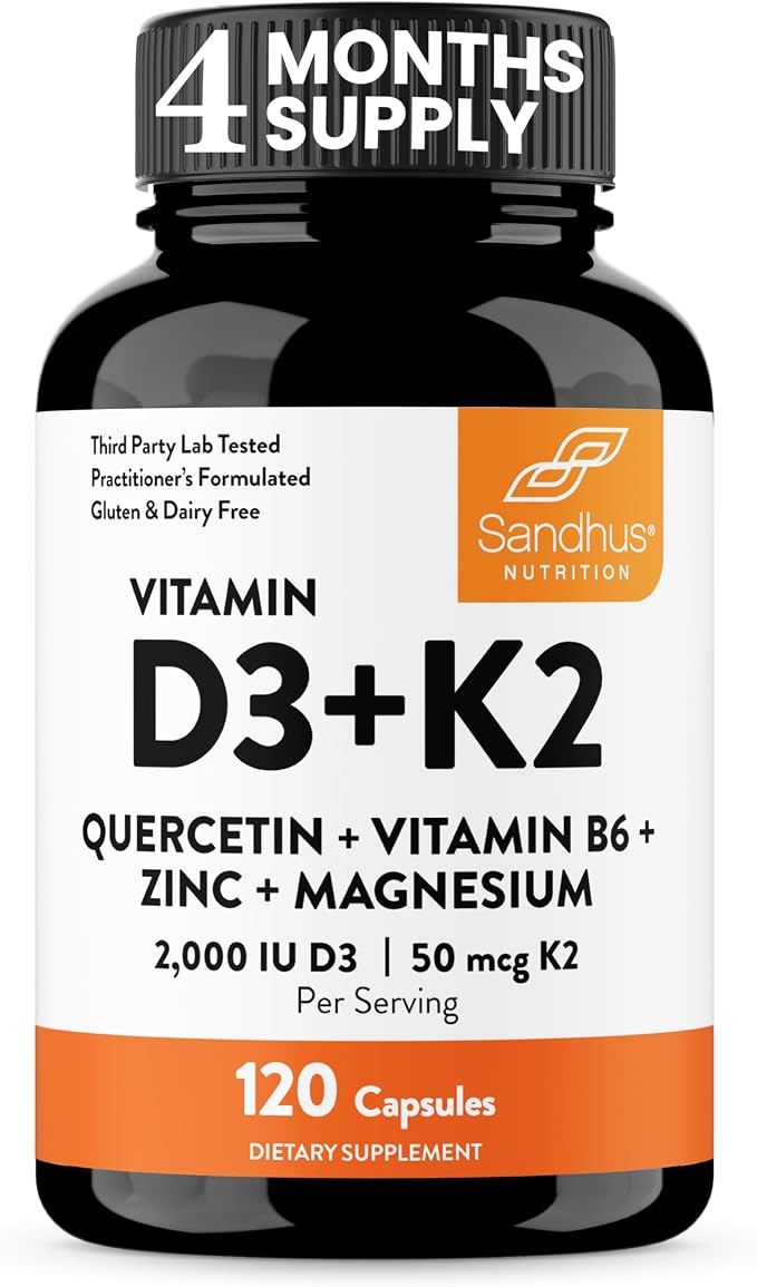 Sandhu's Vitamin D3 K2 Magnesium 2000 IU, 50mcg K2 Capsules 120 Count (Pack of 1) | with VIT B6, Zinc & Quercetin | D3K2 Supports Superior Absorption, Energy, Immune, Muscle Health for Men & Women
