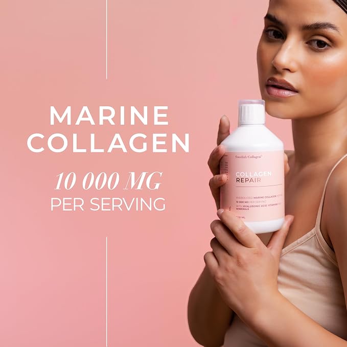 Swedish Collagen Repair | 10,000 mg Hydrolyzed Marine Collagen Liquid Supplement - 500 ml, 20 Day Supply I Hyaluronic Acid, Biotin & Vitamin C for Healthy Hair, Skin, Nails & Joints | Sugar-Free