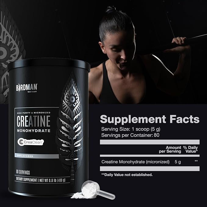 BIRDMAN Micronized Creatine Monohydrate Powder, Muscle Recovery, Caffeine Free, Creatine Pre Workout, Vegan, Post Workout, Gluten Free, Sugar Free | 80 Servings (5 Grams Each) | 0.8lb
