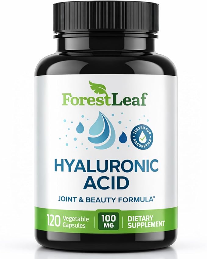 ForestLeaf Hyaluronic Acid Supplements | 100mg High Bioavailable Dietary Hyaluronic Acid Powder Capsules + 50mg VIT C | Supports Skin Hydration, Joint Lubrication, Anti-Aging, Hair & Nails | 120 Caps