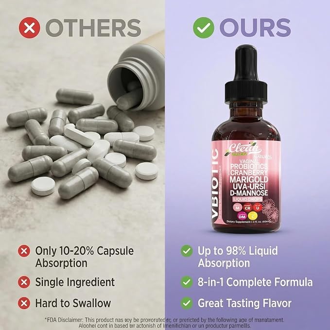 Clean Nutraceuticals VBiotic Vaginal Probiotic for Women Liquid Drops | Cranberry Uva Ursi Horsetail D-Mannose Prebiotics Marigold & Black Cohosh Vaginal Health Supplement | pH Balance
