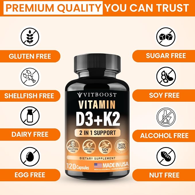 VITBOOST Vitamin D3 K2 Complex - Easy to Swallow - Vitamin D (D3) 5000 IU (125 mcg) & K2(MK-7) 90 mcg | Non-GMO | Gluten-Free | USA Made | 120 Capsules