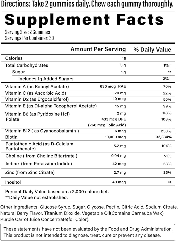 Biotin Gummies -Hair Skin and Nails Vitamins for Men & Women, Vegan Vitamin B7, Supports Hair Growth and Stronger Nails,60 Day Supply-Raspberry-2 Pack